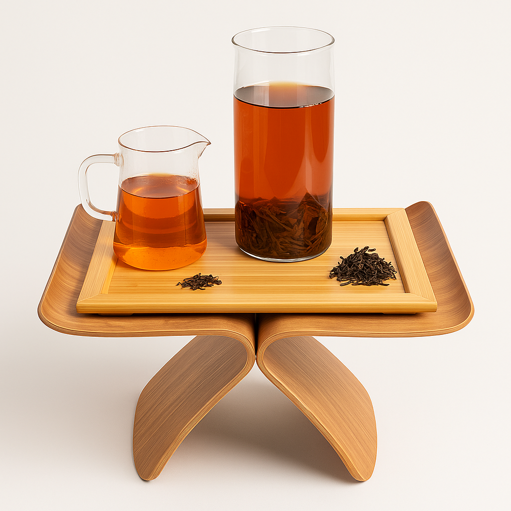 Tea-making setup with a wooden tray holding a glass of tea, a pitcher of tea, and tea leaves on a white background.