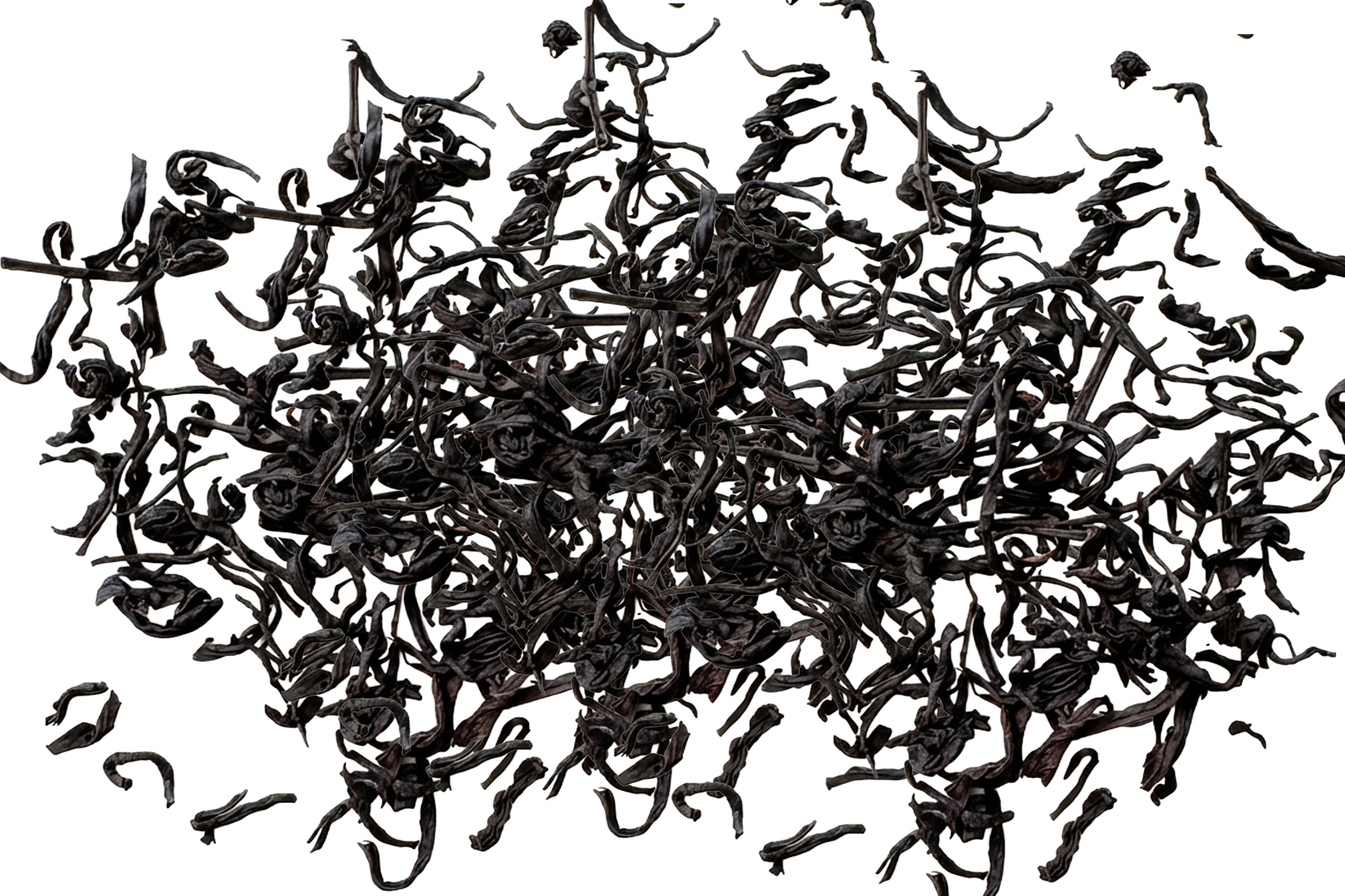 Close-up of black tea leaves on a white background